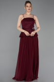 Bordo Üstü Boncuklu Peplum Uzun Şifon Abiye Elbise ABU6076