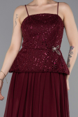 Bordo Üstü Boncuklu Peplum Uzun Şifon Abiye Elbise ABU6076