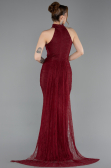 Bordo Halter Yaka Kuyruklu Uzun Dantel Abiye Elbise ABU6084