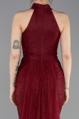 Bordo Halter Yaka Kuyruklu Uzun Dantel Abiye Elbise ABU6084