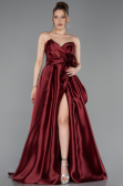 Bordo Straplez Yırtmaçlı Uzun Saten Abiye ABU4774