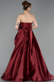 Bordo Straplez Yırtmaçlı Uzun Saten Abiye ABU4774