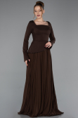 Kahve Uzun Kol Kare Yaka Peplum Şifon Abiye Elbise ABU6088