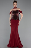 Bordo Üstü Pullu Kayık Yaka Peplum Uzun Abiye ABU6094