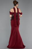 Bordo Üstü Pullu Kayık Yaka Peplum Uzun Abiye ABU6094