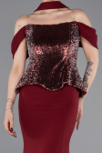 Bordo Üstü Pullu Kayık Yaka Peplum Uzun Abiye ABU6094