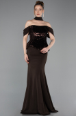 Kahve Üstü Pullu Kayık Yaka Peplum Uzun Abiye ABU6094