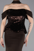 Kahve Üstü Pullu Kayık Yaka Peplum Uzun Abiye ABU6094