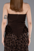 Kahve Pullu Straplez Peplum Kesim Abiye Elbise ABU6124