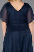 Lacivert Kısa Kol V Yaka Simli Midi Büyük Beden Abiye ABK2622