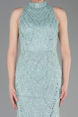 Mint Halter Yaka Boncuklu Uzun Balık Abiye ABU4791