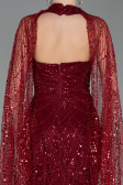 Bordo Halter Yaka Pelerin Detay Uzun Boncuklu Abiye ABU6154