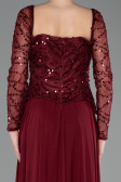 Bordo Pullu Kare Yaka Uzun Kol Peplum Şifon Abiye ABU6157