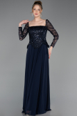 Lacivert Pullu Kare Yaka Uzun Kol Peplum Şifon Abiye ABU6157