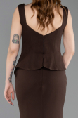 Kahve Kolsuz Kare Yaka Peplum Uzun Balık Abiye ABU5768