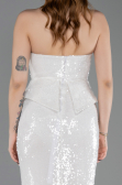 Ekru Straplez Yaka Peplum Kesim Uzun Pul Payet Abiye ABU5721