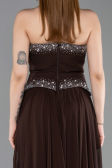 Kahve Taşlı Asimetrik Straplez Peplum Uzun Şifon Abiye ABU6188