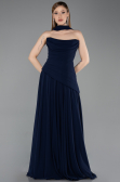 Lacivert Straplez Peplum Kesim Uzun Şifon Abiye Elbise ABU5763