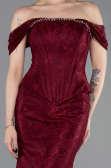 Bordo Kayık Yaka Peplum Kesim Uzun Dantel Abiye Elbise ABU5609