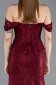 Bordo Kayık Yaka Peplum Kesim Uzun Dantel Abiye Elbise ABU5609