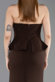 Kahve Straplez Taşlı Peplum Uzun Balık Abiye Elbise ABU6192