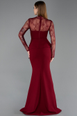 Bordo Dantelli Uzun Kol Peplum Balık Abiye Elbise ABU6194