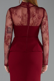 Bordo Dantelli Uzun Kol Peplum Balık Abiye Elbise ABU6194