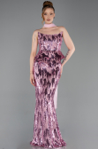 Pudra Straplez Yaka Peplum Uzun Pullu Abiye Elbise ABU6202