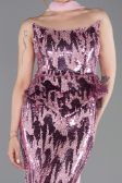 Pudra Straplez Yaka Peplum Uzun Pullu Abiye Elbise ABU6202