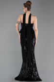 Siyah Straplez Yaka Peplum Uzun Pullu Abiye Elbise ABU6202