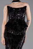 Siyah Straplez Yaka Peplum Uzun Pullu Abiye Elbise ABU6202