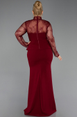 Bordo Dantelli Uzun Kol Peplum Büyük Beden Abiye ABU6195