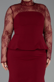 Bordo Dantelli Uzun Kol Peplum Büyük Beden Abiye ABU6195