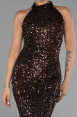 Kahve Halter Yaka Midi Pul Payet Abiye Elbise ABK2474