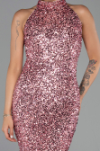 Pudra Halter Yaka Midi Pul Payet Abiye Elbise ABK2474