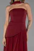 Bordo Straplez Peplum Kesim Şallı Uzun Şifon Abiye ABU6042