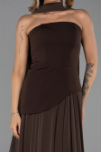 Kahve Straplez Peplum Kesim Şallı Uzun Şifon Abiye ABU6042