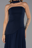 Lacivert Straplez Peplum Kesim Şallı Uzun Şifon Abiye ABU6042