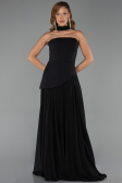 Siyah Straplez Peplum Kesim Şallı Uzun Şifon Abiye ABU6042