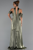 Haki Kayık Yaka Bacak Dekolteli Uzun Şifon Abiye Elbise ABU6342