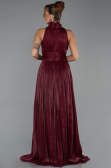 Bordo Halter Yaka Pliseli Uzun Şifon Abiye Elbise ABU6352