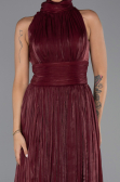 Bordo Halter Yaka Pliseli Uzun Şifon Abiye Elbise ABU6352