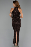 Kahve Dantelli Halter Yaka Uzun Pullu Balık Abiye Elbise ABU6405
