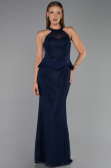 Lacivert Halter Yaka Peplum Uzun Dantel Abiye Elbise ABU6425