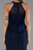 Lacivert Halter Yaka Peplum Uzun Dantel Abiye Elbise ABU6425