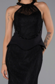 Siyah Halter Yaka Peplum Uzun Dantel Abiye Elbise ABU6425