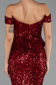Bordo Kayık Yaka Peplum Kesim Uzun Pullu Abiye ABU6359