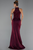 Bordo Halter Yaka Yırtmaçlı Uzun Simli Abiye Elbise ABU6083
