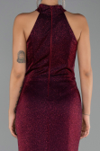 Bordo Halter Yaka Yırtmaçlı Uzun Simli Abiye Elbise ABU6083