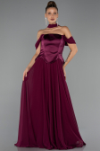 Mürdüm Kayık Yaka Saten Peplum Kesim Uzun Şifon Abiye ABU5327